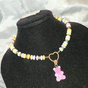 Betsey  Johnson Pastel Beaded Necklace with Pink Gummy Bear Charm Candy Bnwt